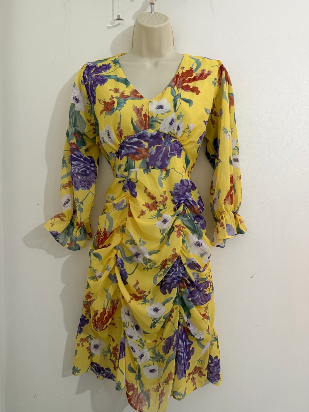 Yellow Floral V-Neck Ruched Midi Dress